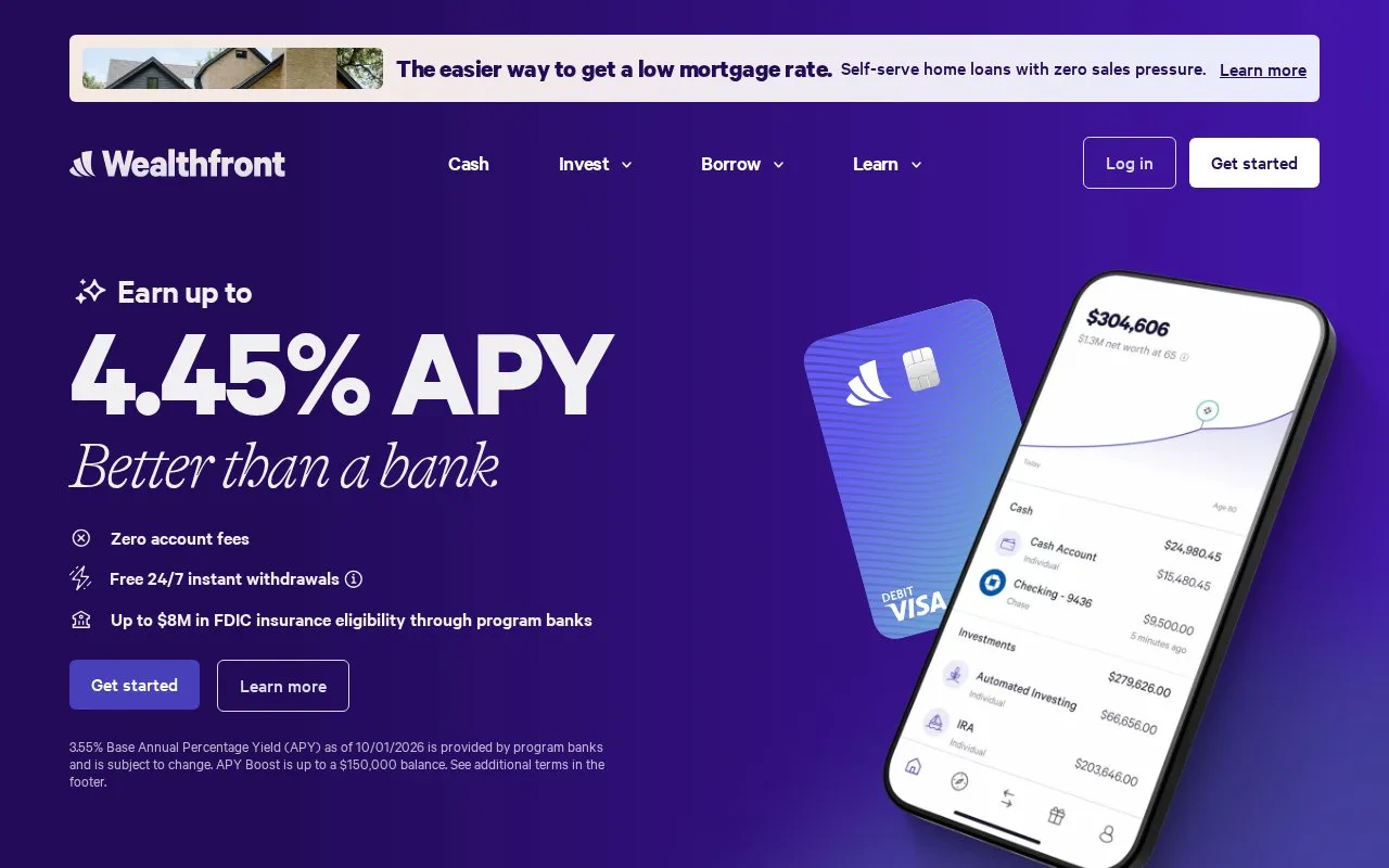 Screenshot of the Wealthfront homepage