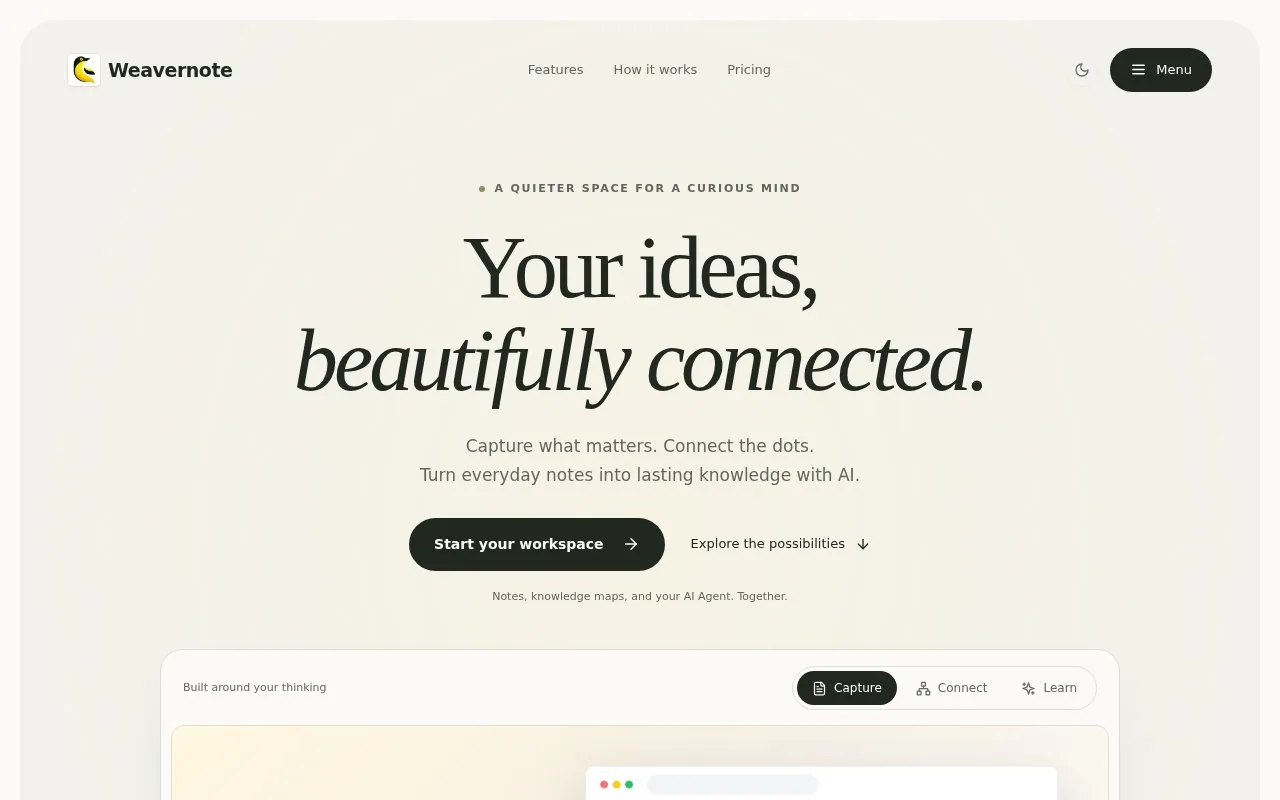Screenshot of the Weavernote homepage