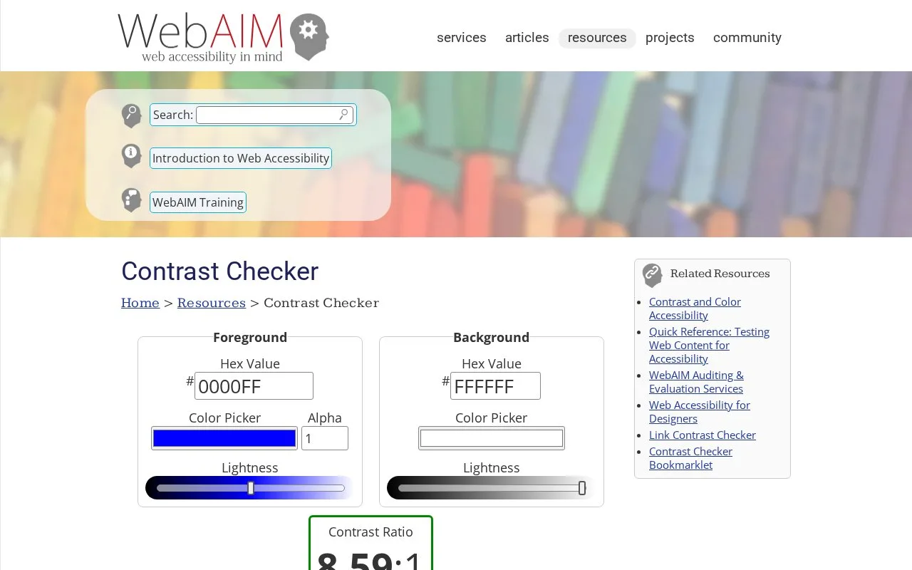 Screenshot of the WebAIM Contrast Checker homepage