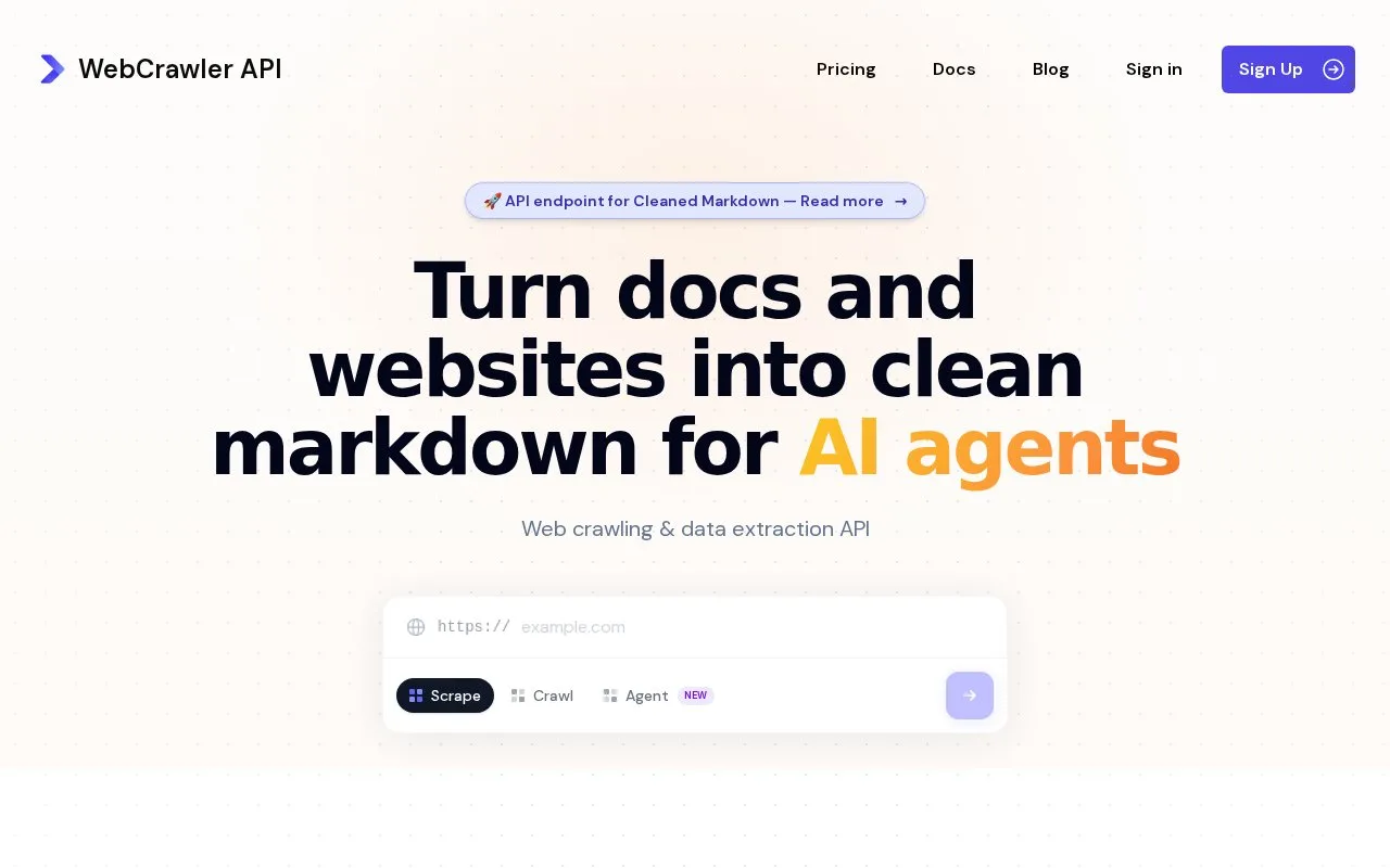 Screenshot of the WebcrawlerAPI homepage