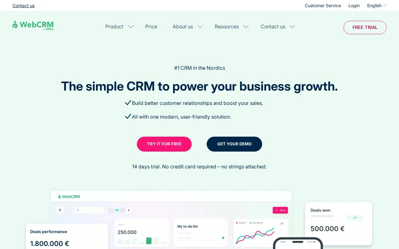 Screenshot of the webCRM homepage