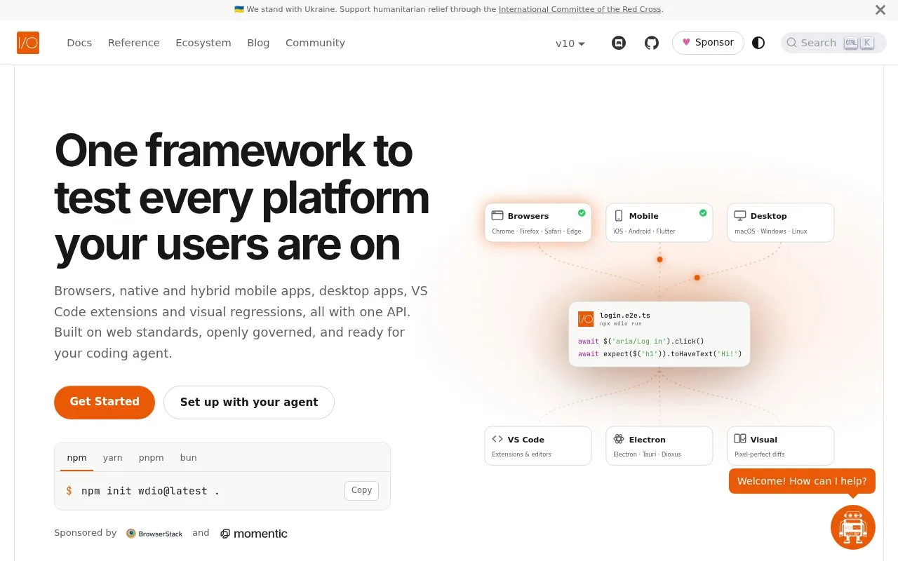 Screenshot of the WebdriverIO homepage