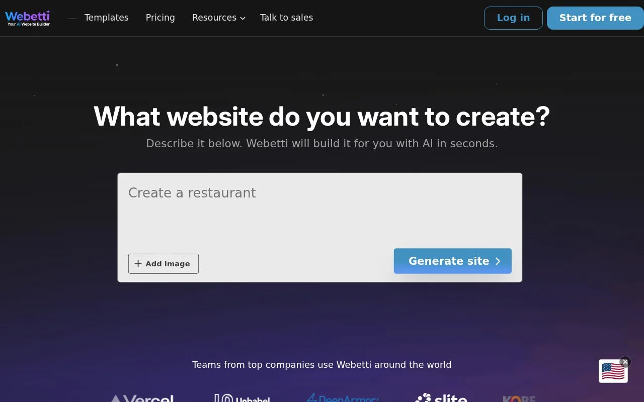 Screenshot of the Webetti homepage