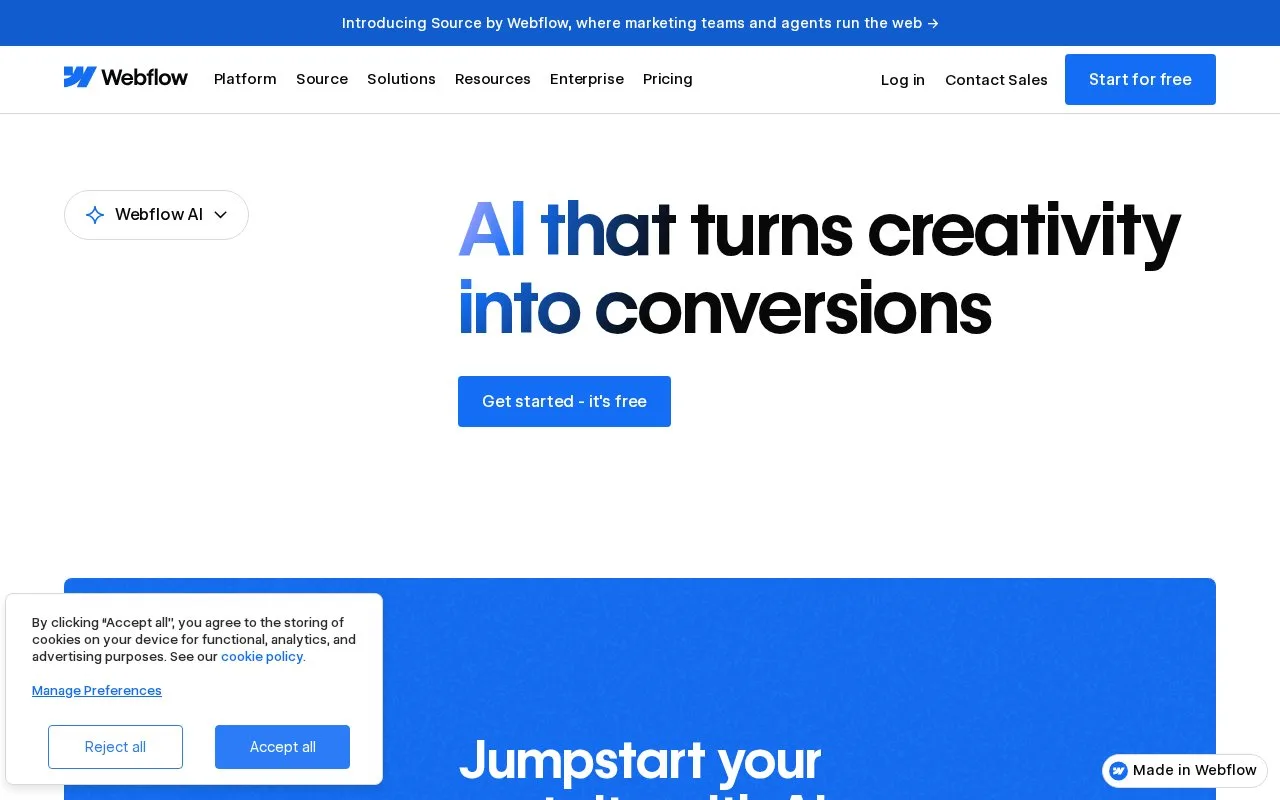 Screenshot of the Webflow AI homepage