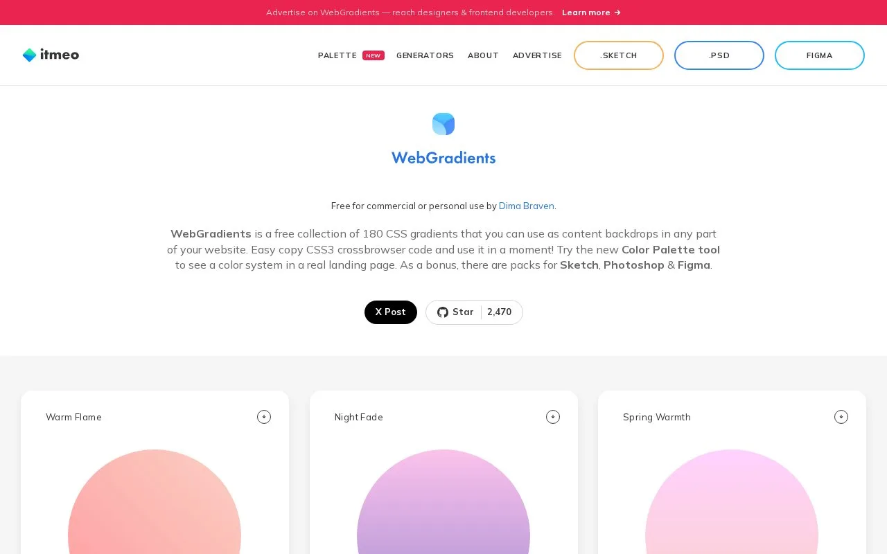 Screenshot of the WebGradients homepage