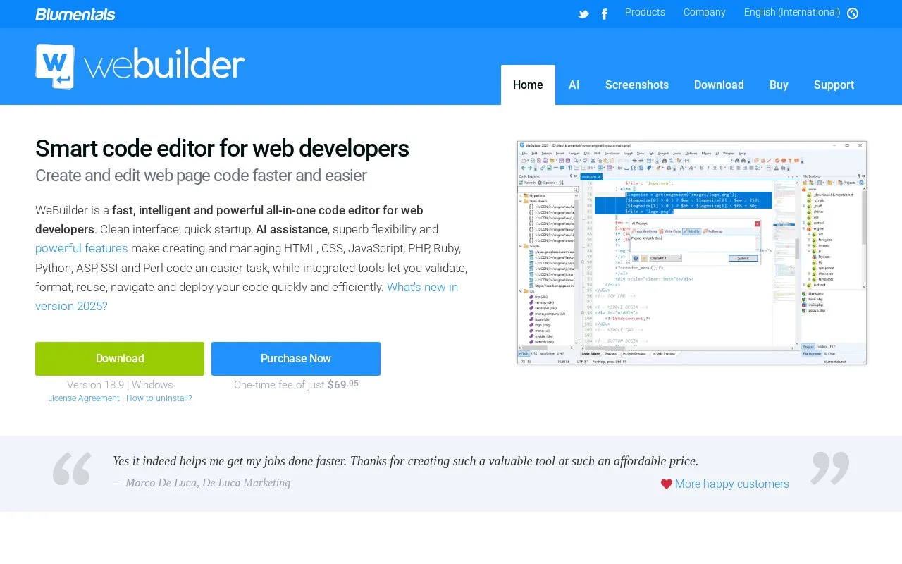 Screenshot of the WeBuilder homepage