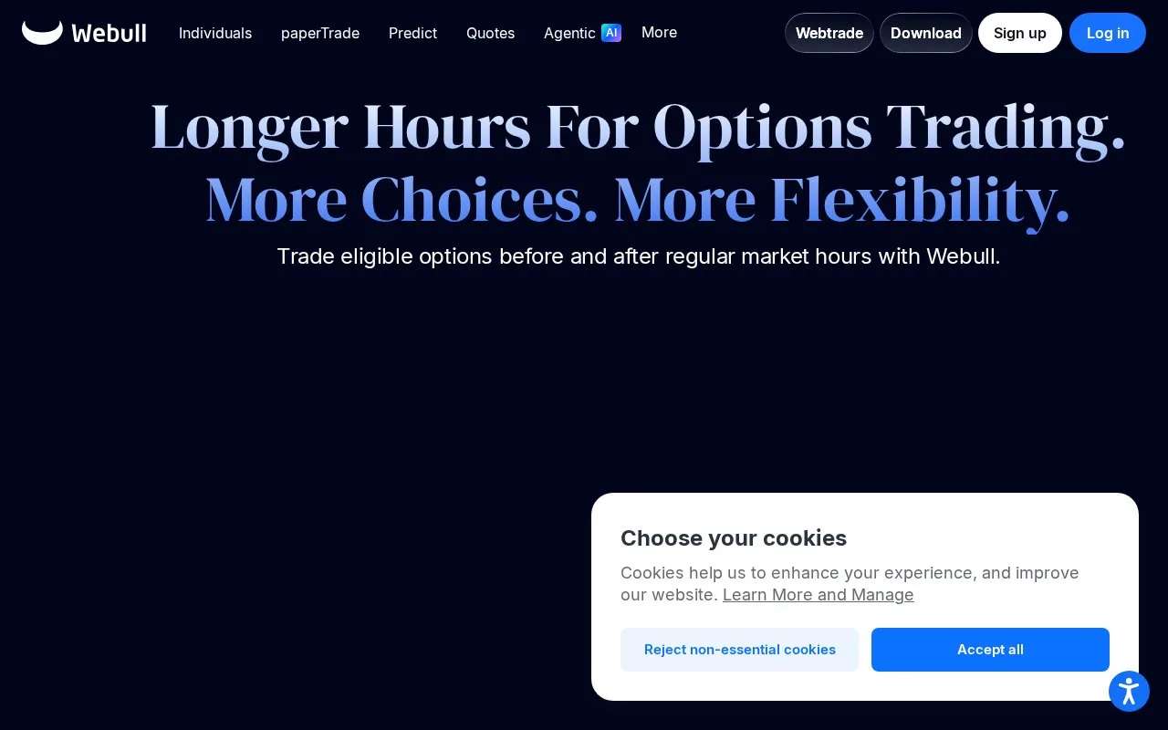 Screenshot of the Webull homepage
