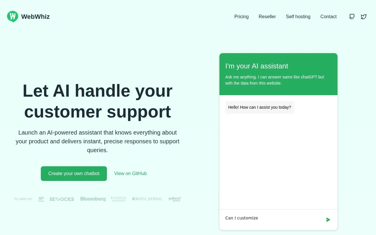Screenshot of the WebWhiz homepage
