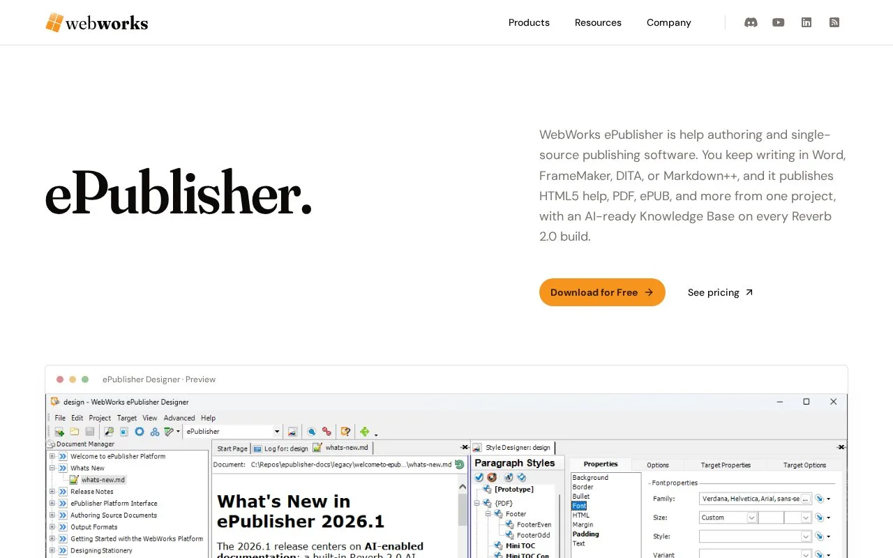 Screenshot of the WebWorks ePublisher homepage