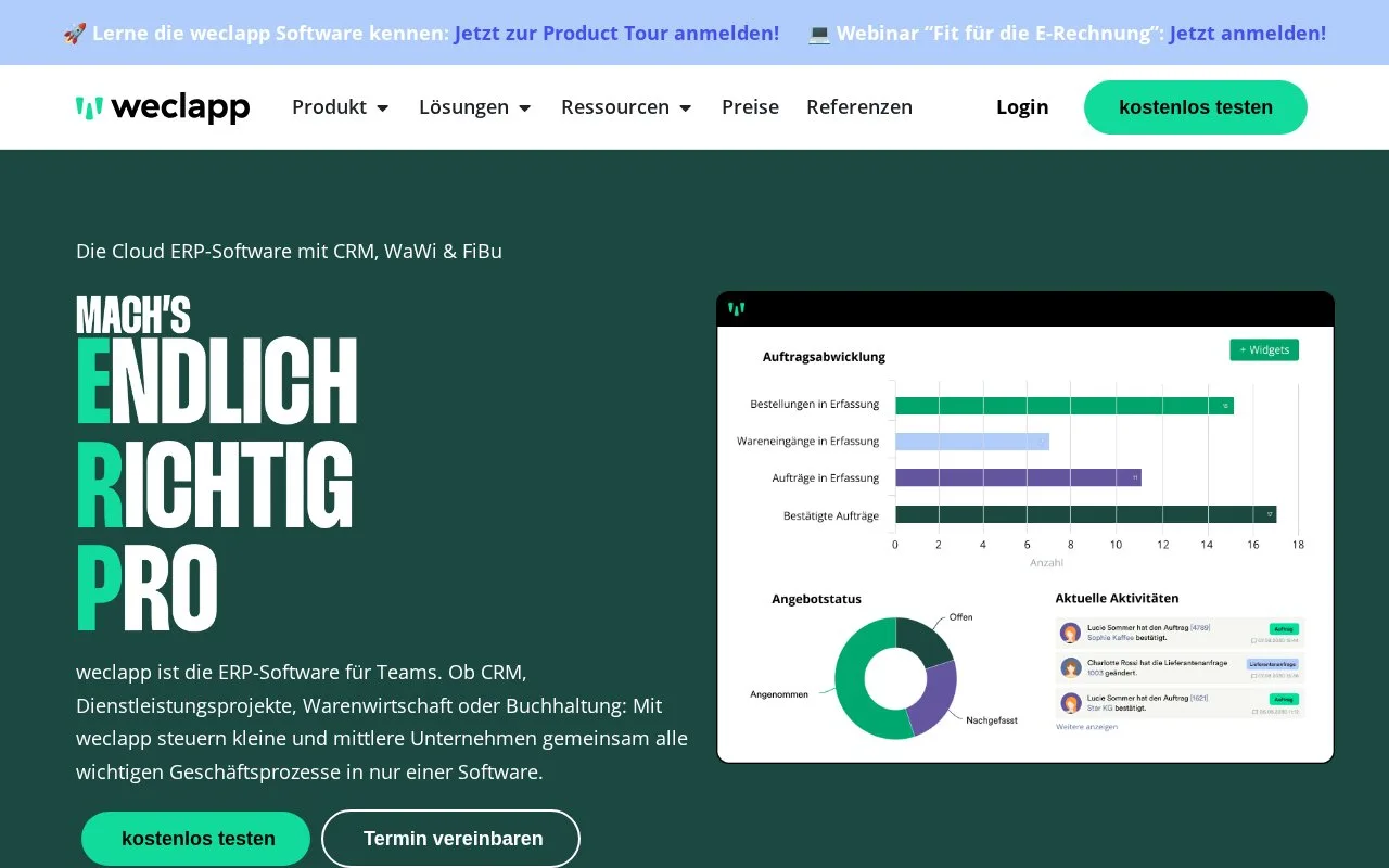 Screenshot of the weclapp homepage