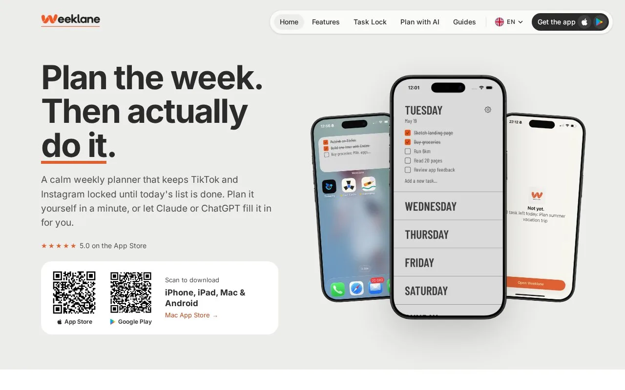 Screenshot of the Weeklane homepage
