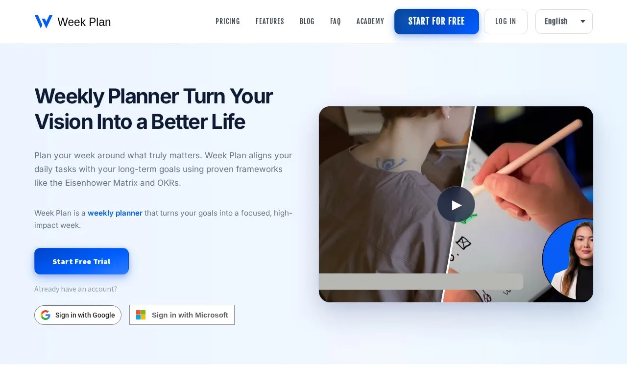 Screenshot of the Week Plan homepage