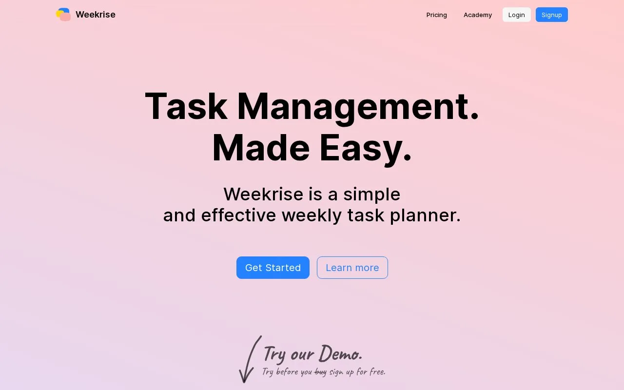 Screenshot of the Weekrise homepage