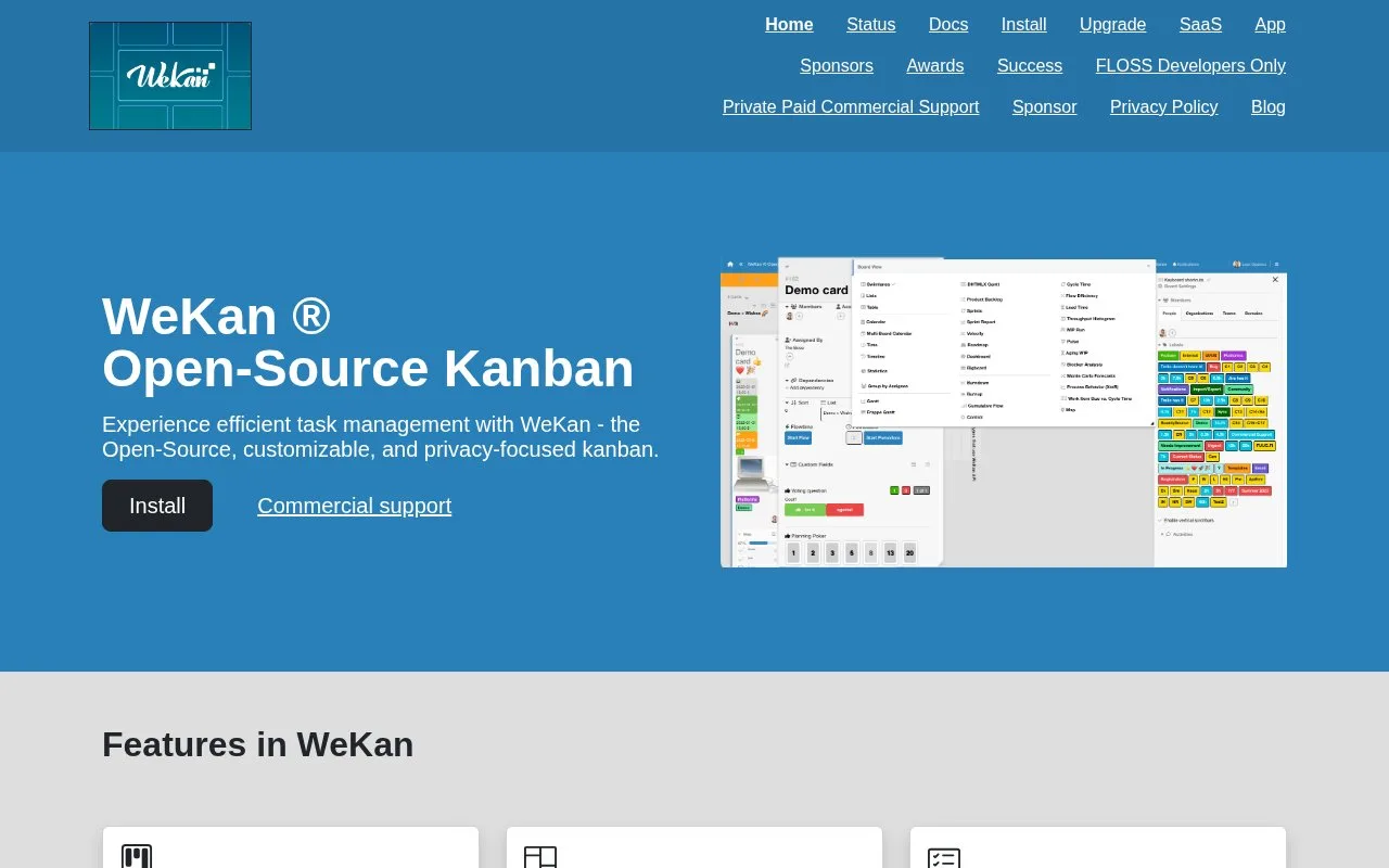 Screenshot of the WeKan homepage