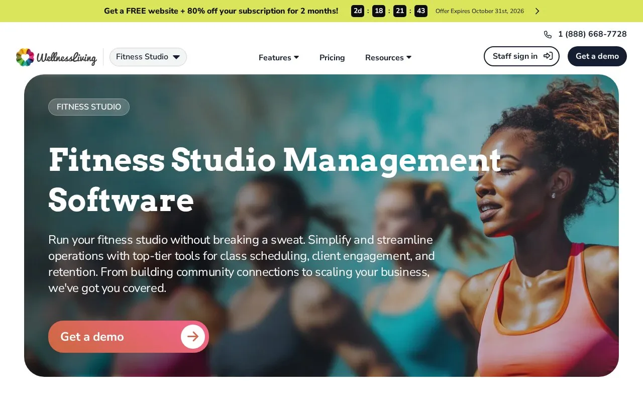 Screenshot of the WellnessLiving homepage