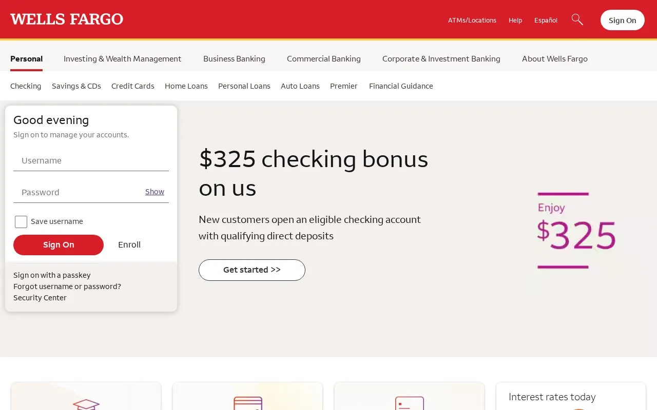 Screenshot of the Wells Fargo homepage