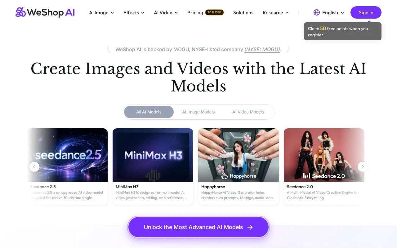 Screenshot of the WeShop AI homepage