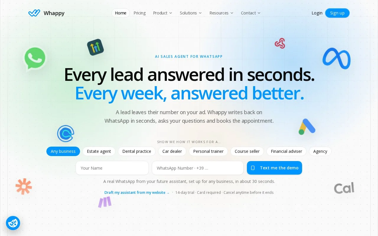 Screenshot of the Whappy homepage