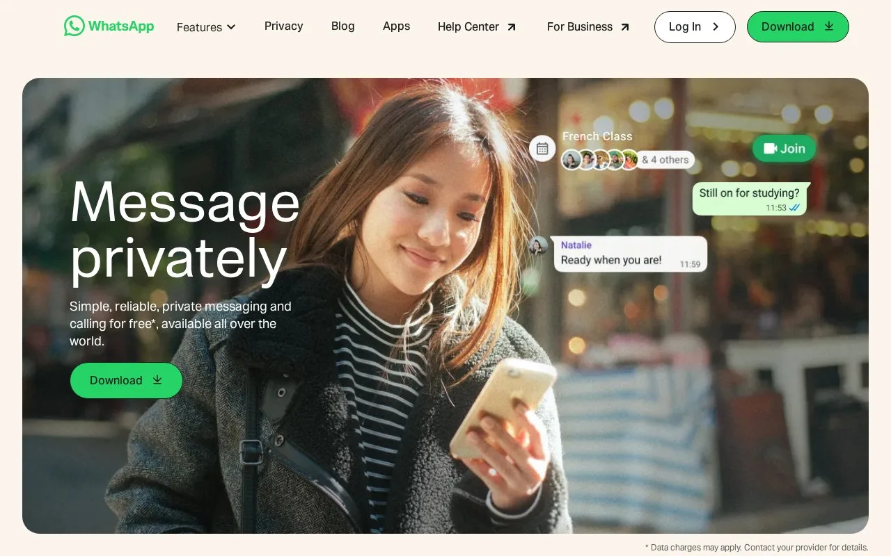 Screenshot of the WhatsApp homepage