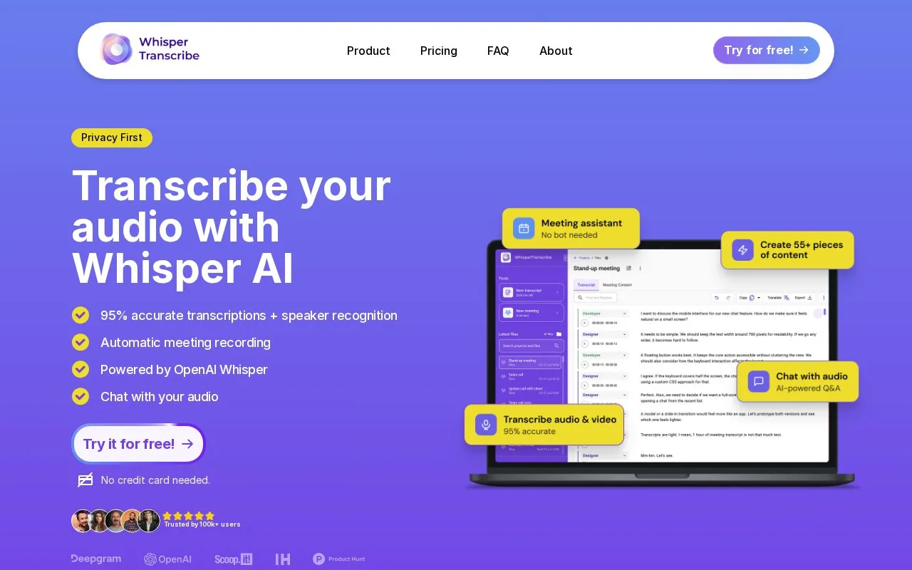 Screenshot of the WhisperTranscribe homepage