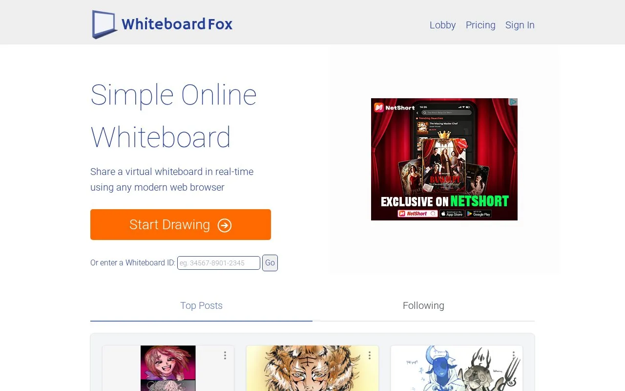 Screenshot of the Whiteboard Fox homepage