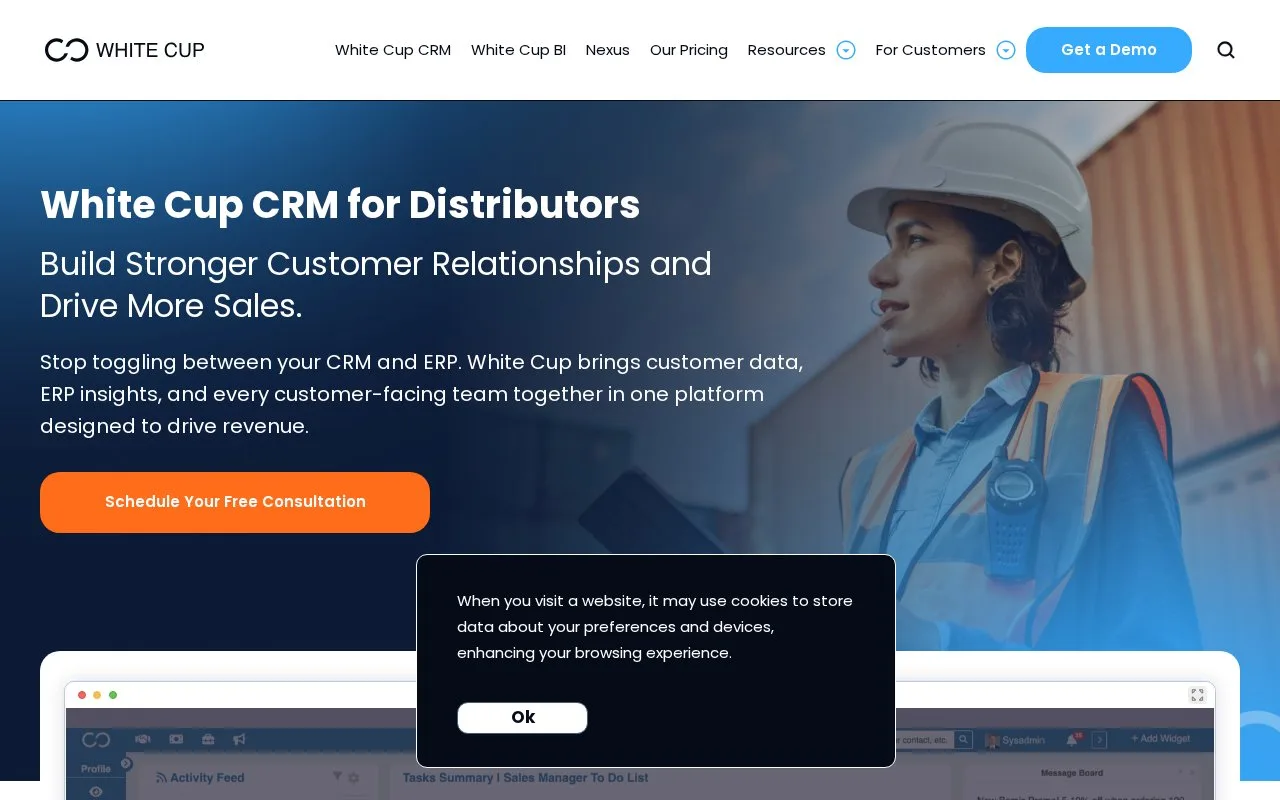 Screenshot of the White Cup CRM homepage
