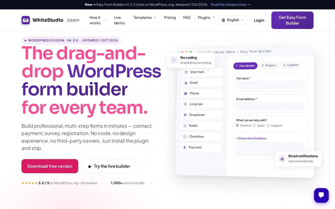 Screenshot of the Easy Form Builder homepage