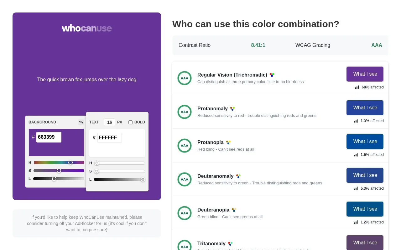 Screenshot of the WhoCanUse homepage