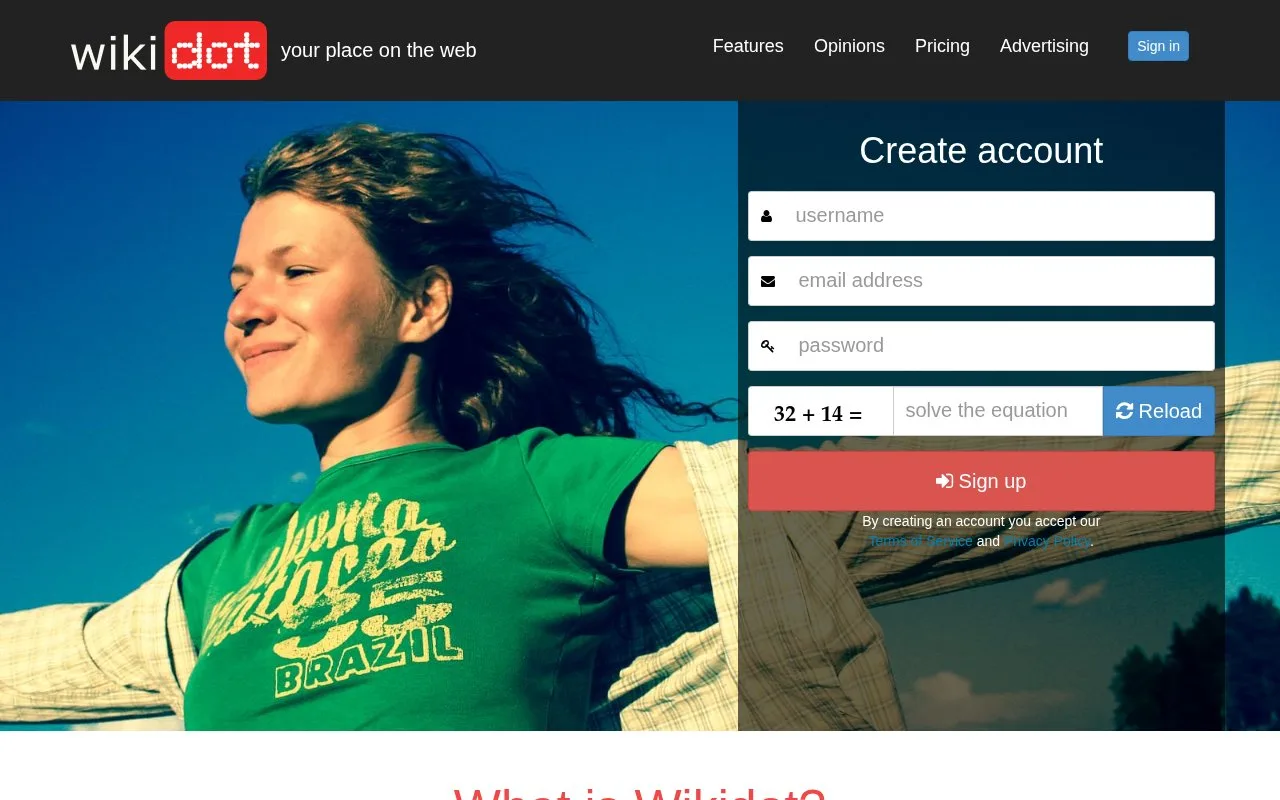 Screenshot of the Wikidot homepage