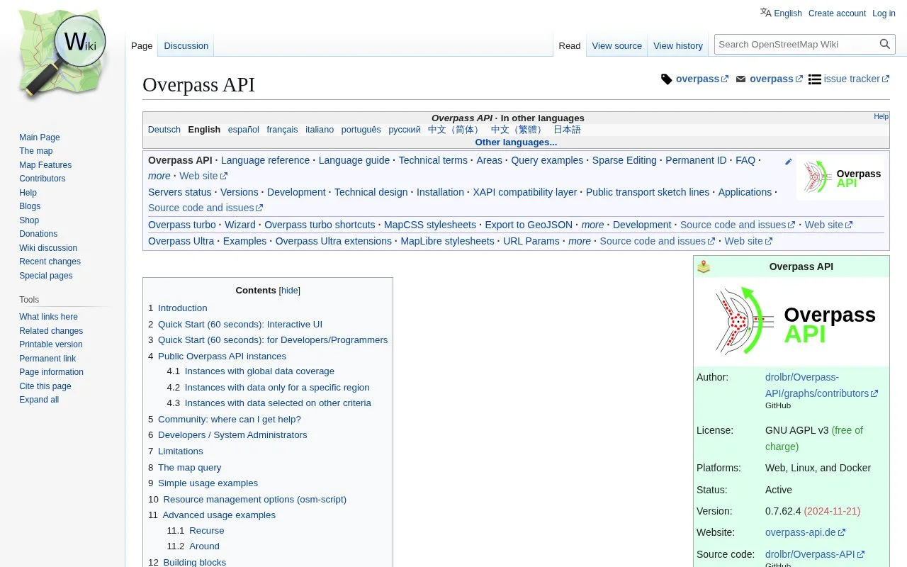 Screenshot of the Overpass API homepage