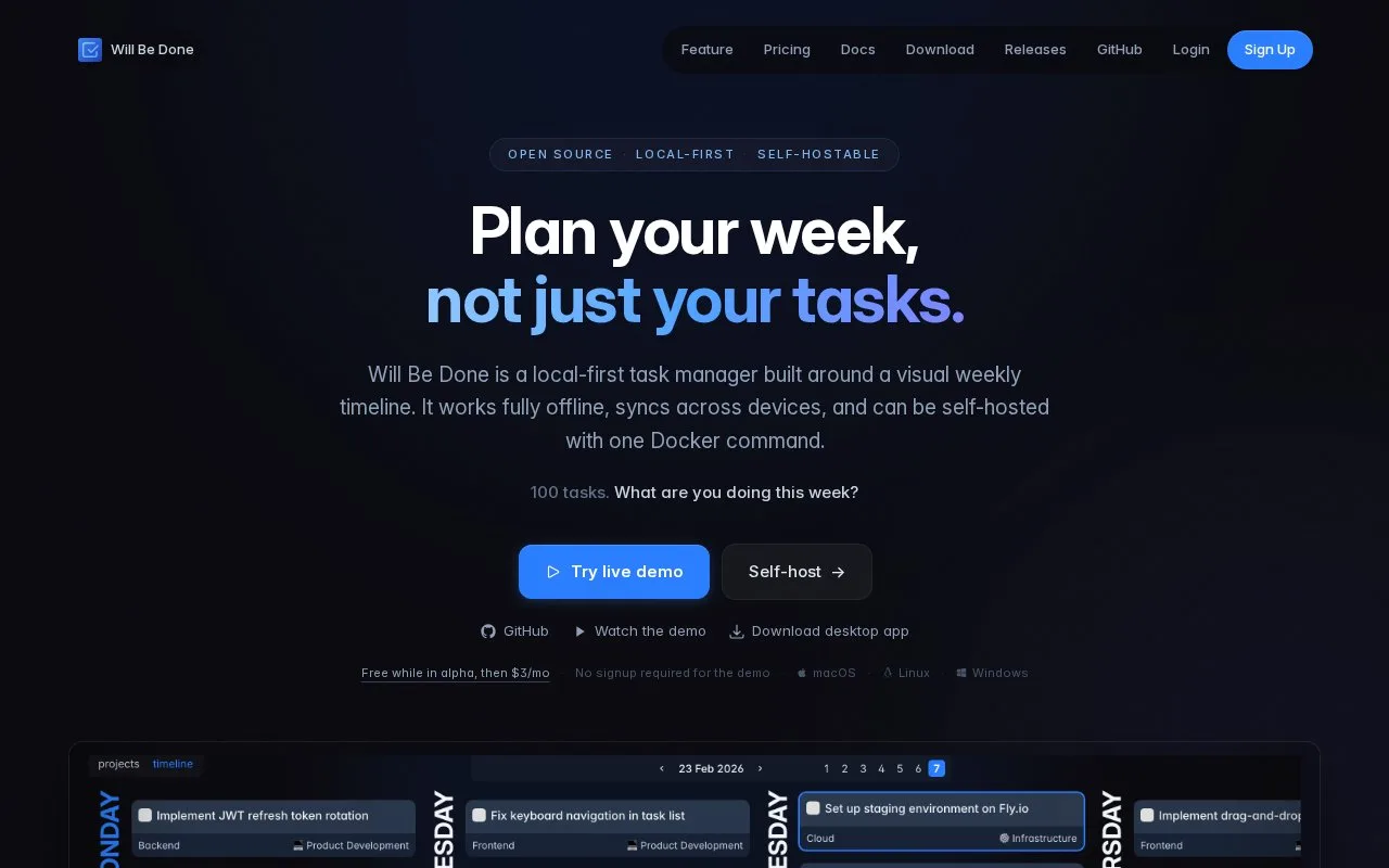 Screenshot of the Will Be Done homepage