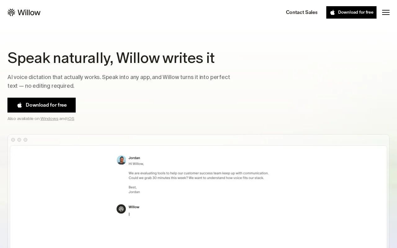 Screenshot of the Willow homepage
