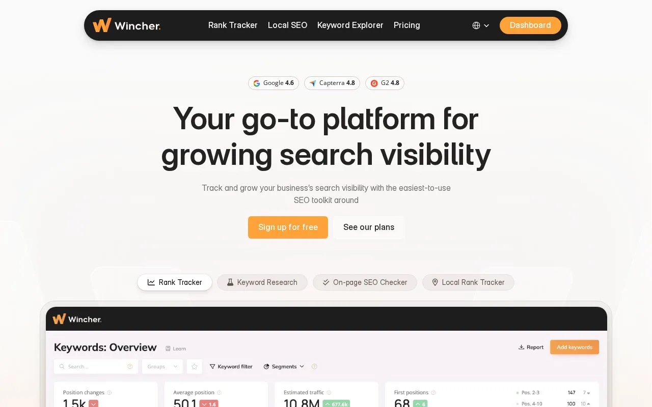 Screenshot of the Wincher homepage