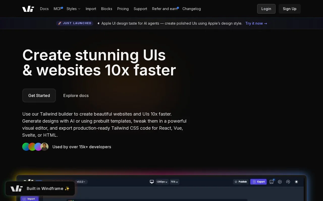 Screenshot of the Windframe homepage