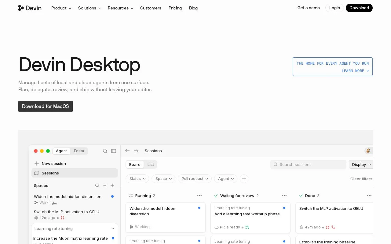 Screenshot of the Devin Desktop homepage