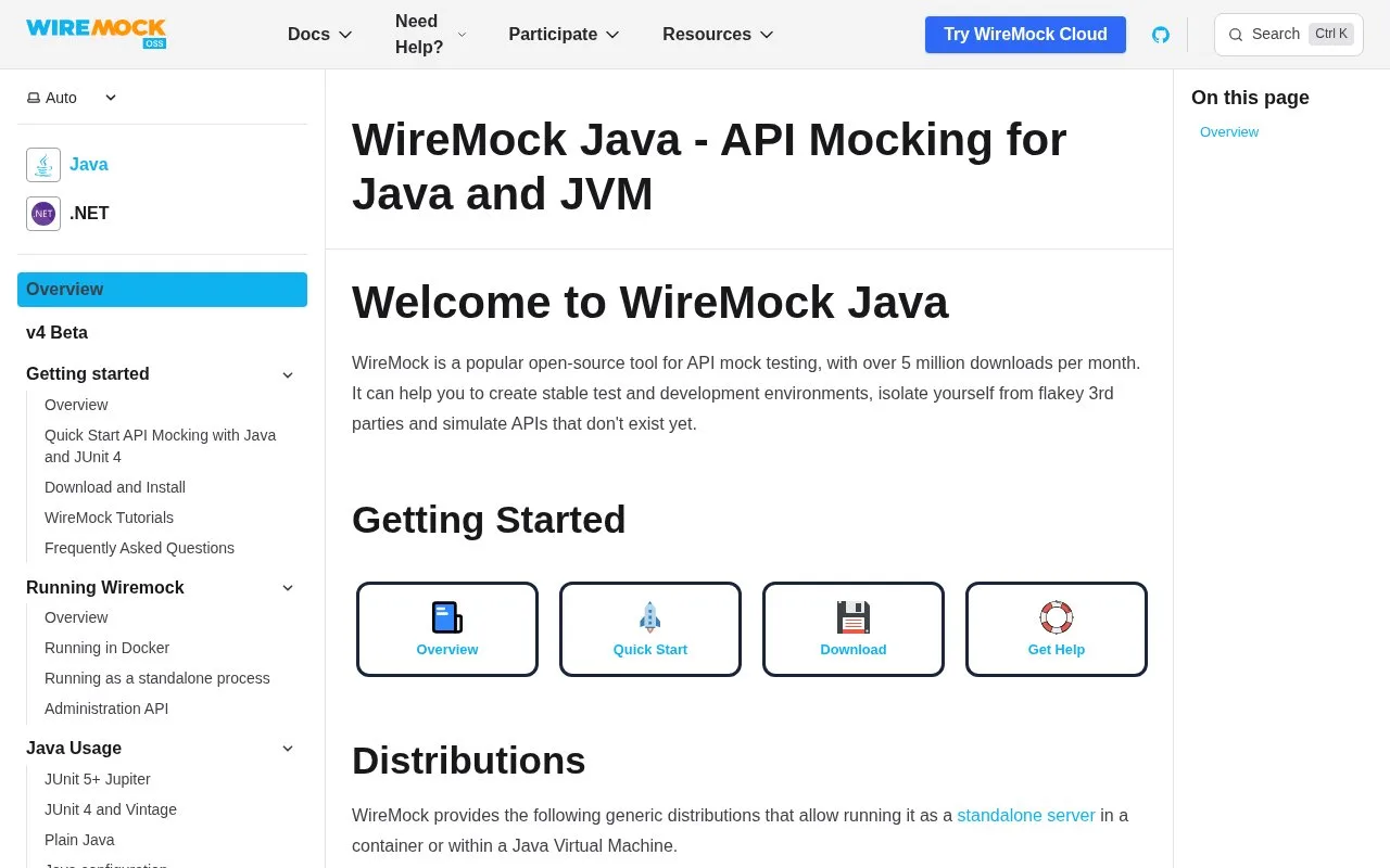 Screenshot of the WireMock homepage