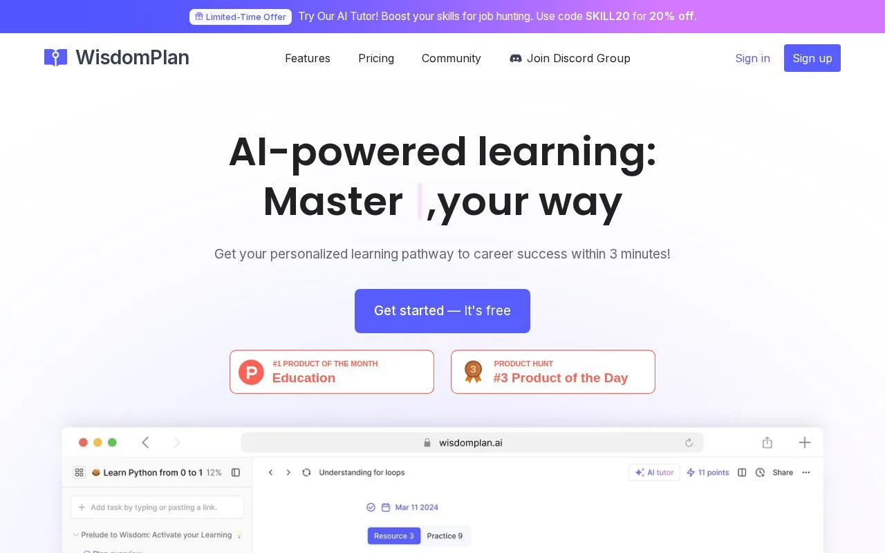 Screenshot of the WisdomPlan homepage