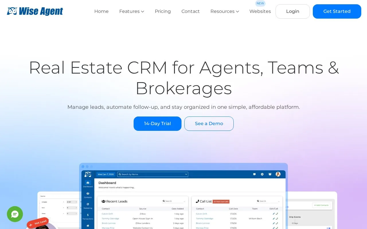 Screenshot of the Wise Agent homepage