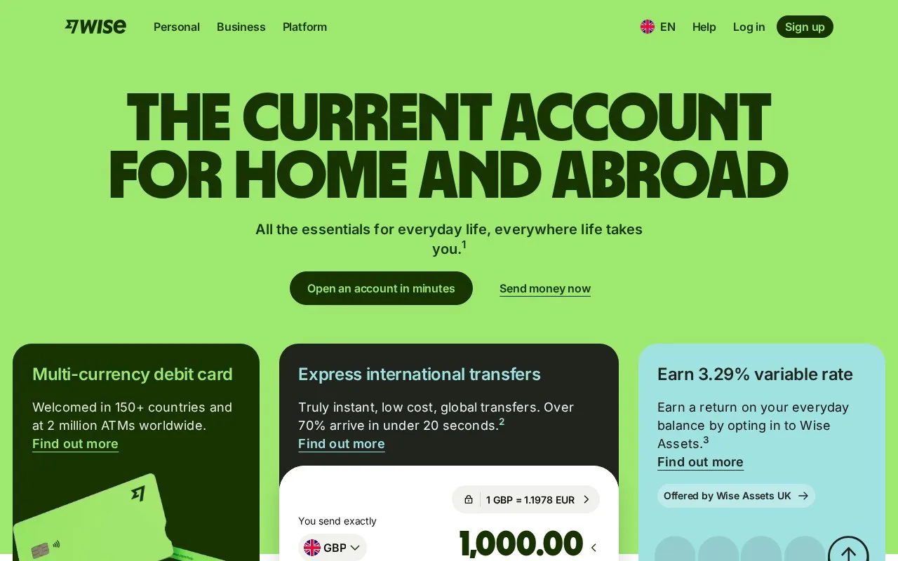 Screenshot of the Wise homepage