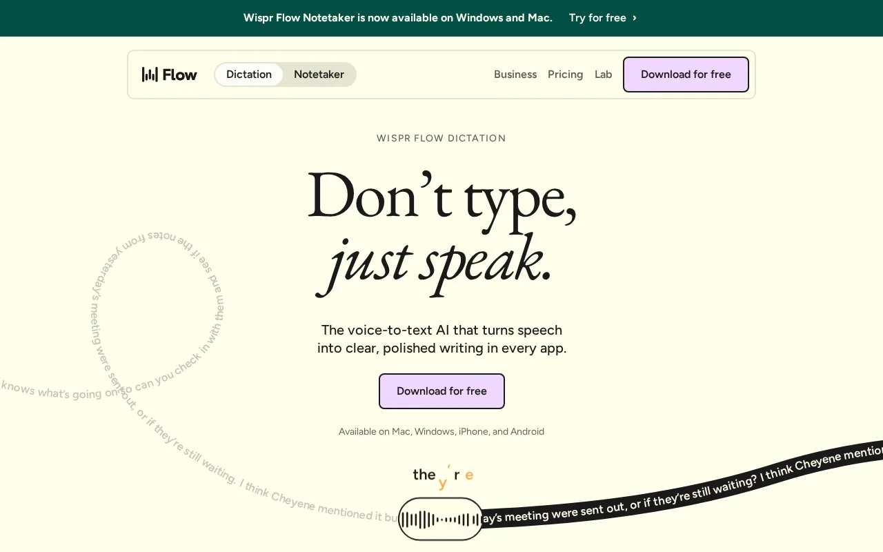 Screenshot of the Wispr Flow homepage