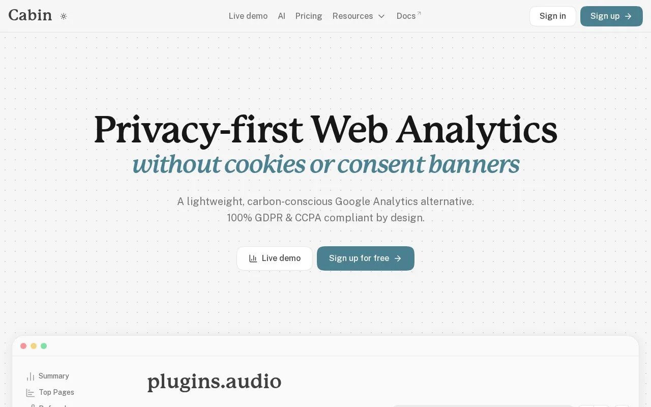 Screenshot of the Cabin Analytics homepage