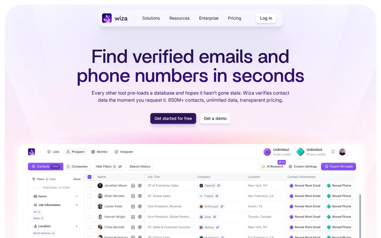 Screenshot of the Wiza homepage