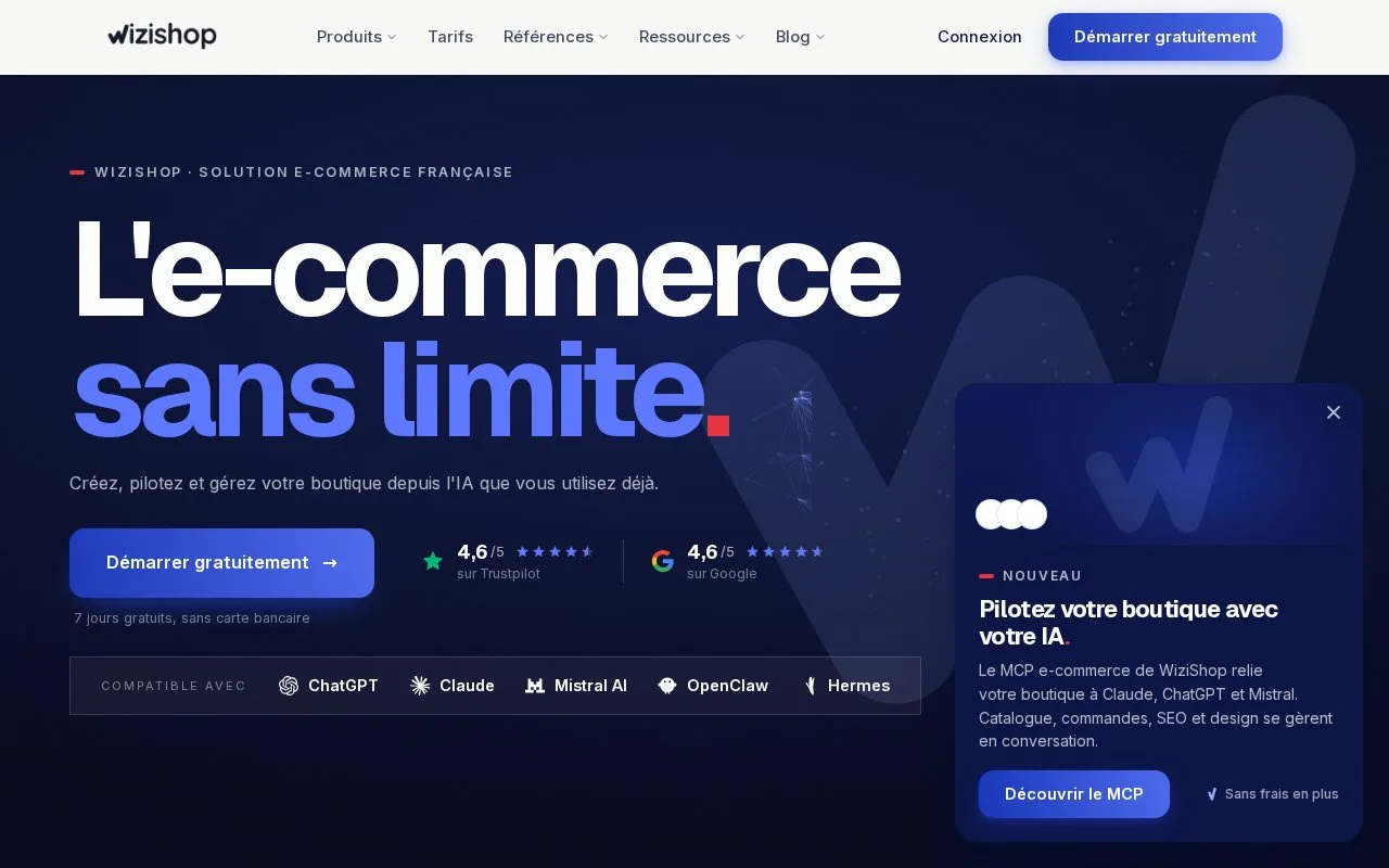 Screenshot of the WiziShop homepage