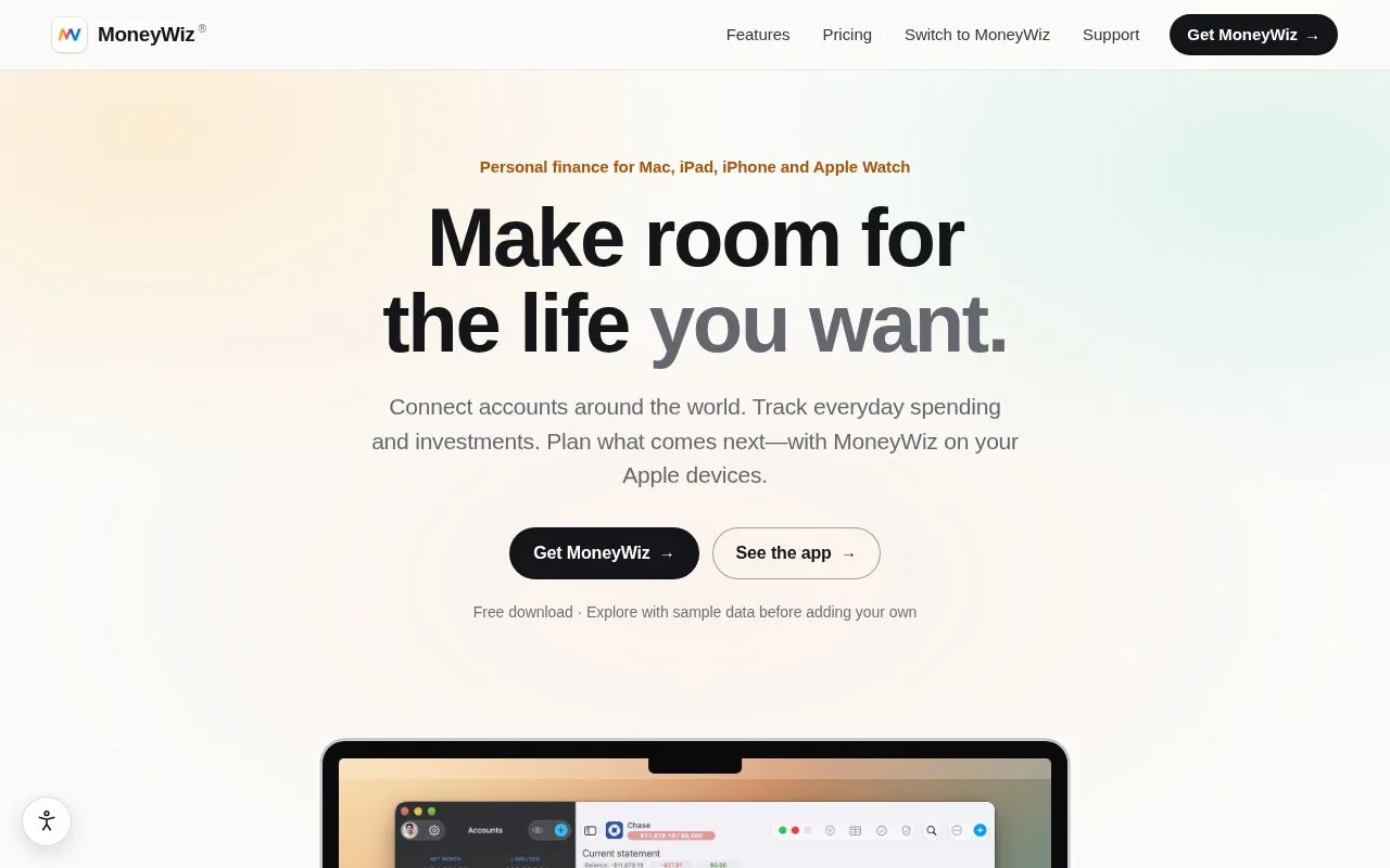 Screenshot of the MoneyWiz homepage