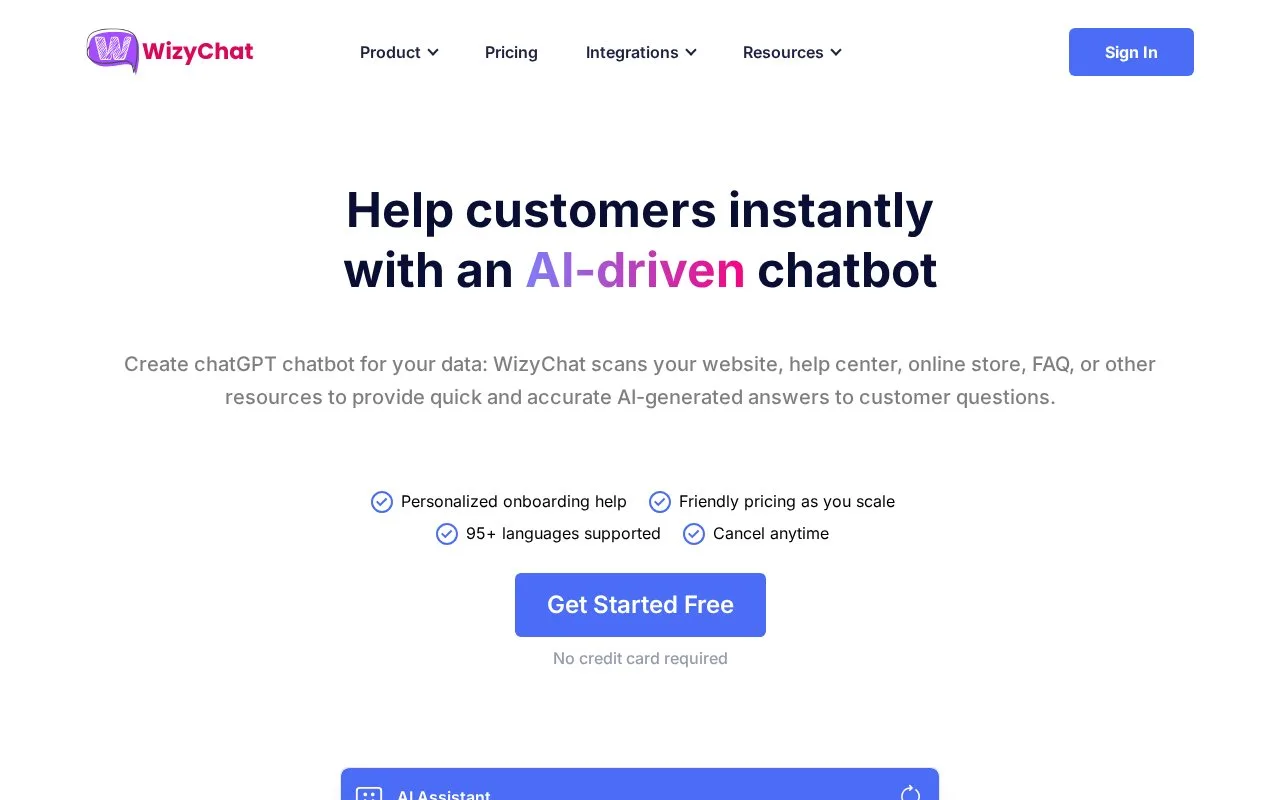Screenshot of the WizyChat homepage