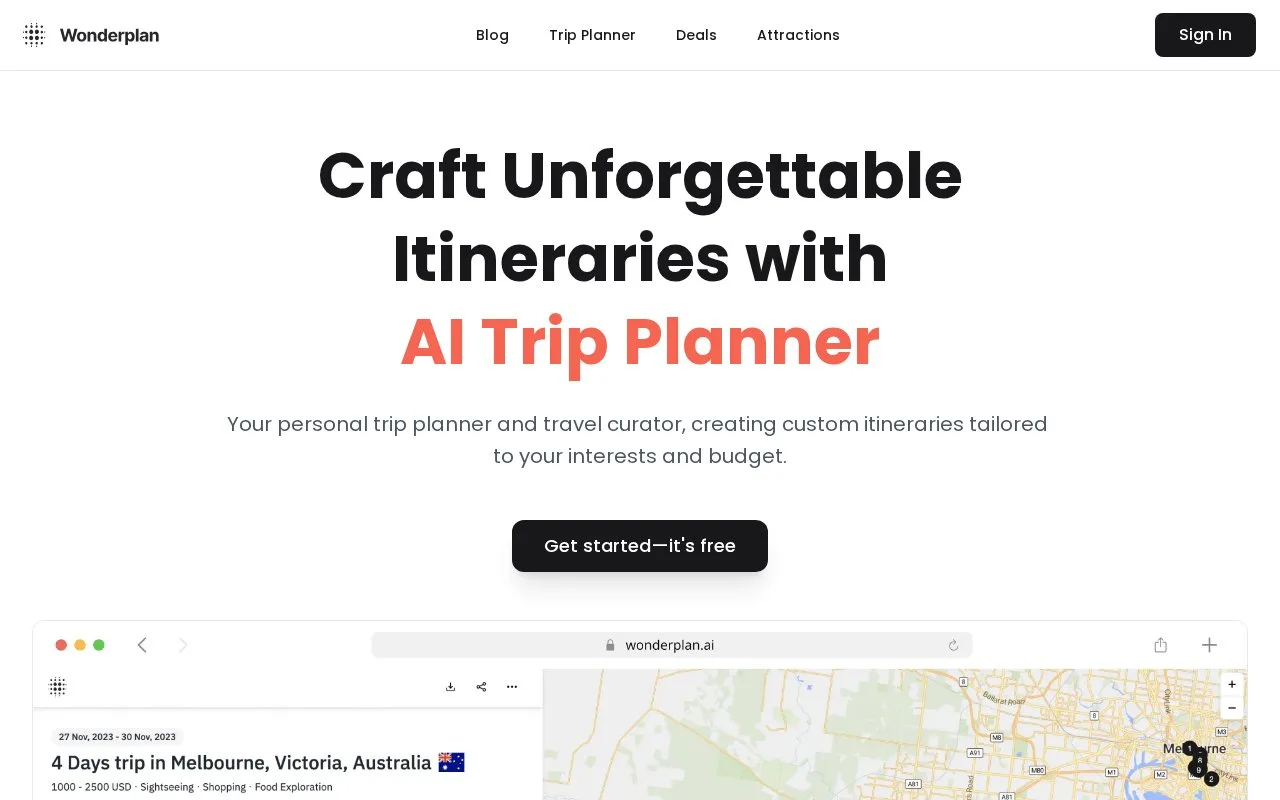 Screenshot of the Wonderplan homepage
