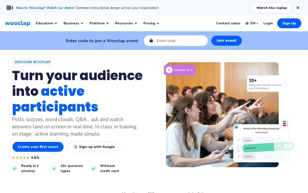 Screenshot of the Wooclap homepage