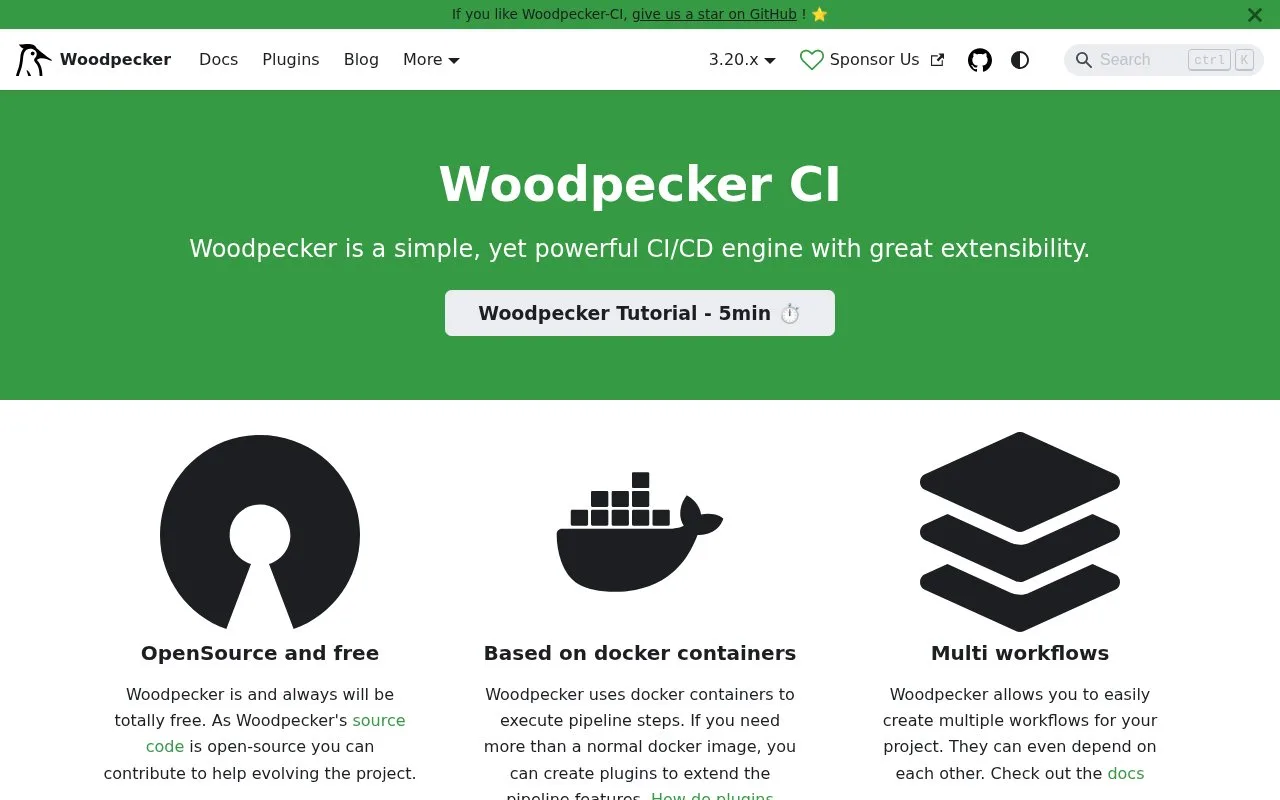 Screenshot of the Woodpecker CI homepage