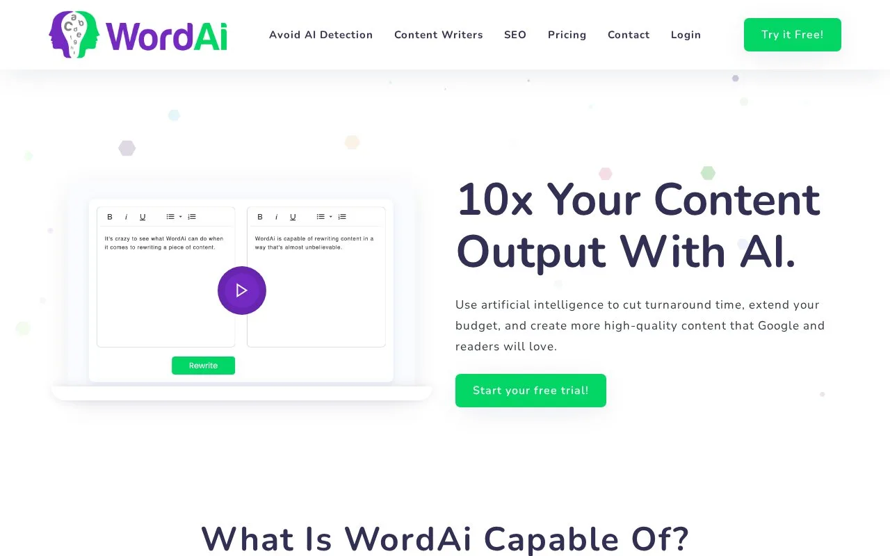 Screenshot of the WordAi homepage