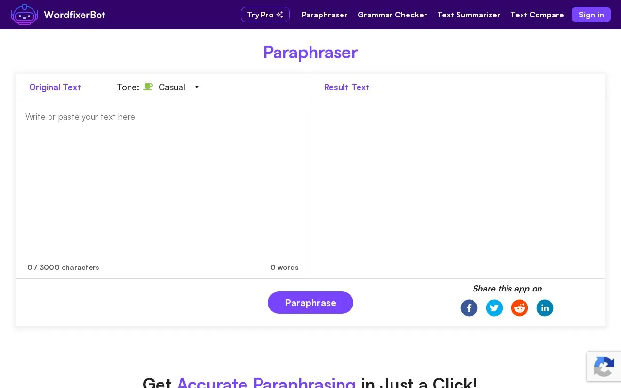 Screenshot of the WordfixerBot homepage